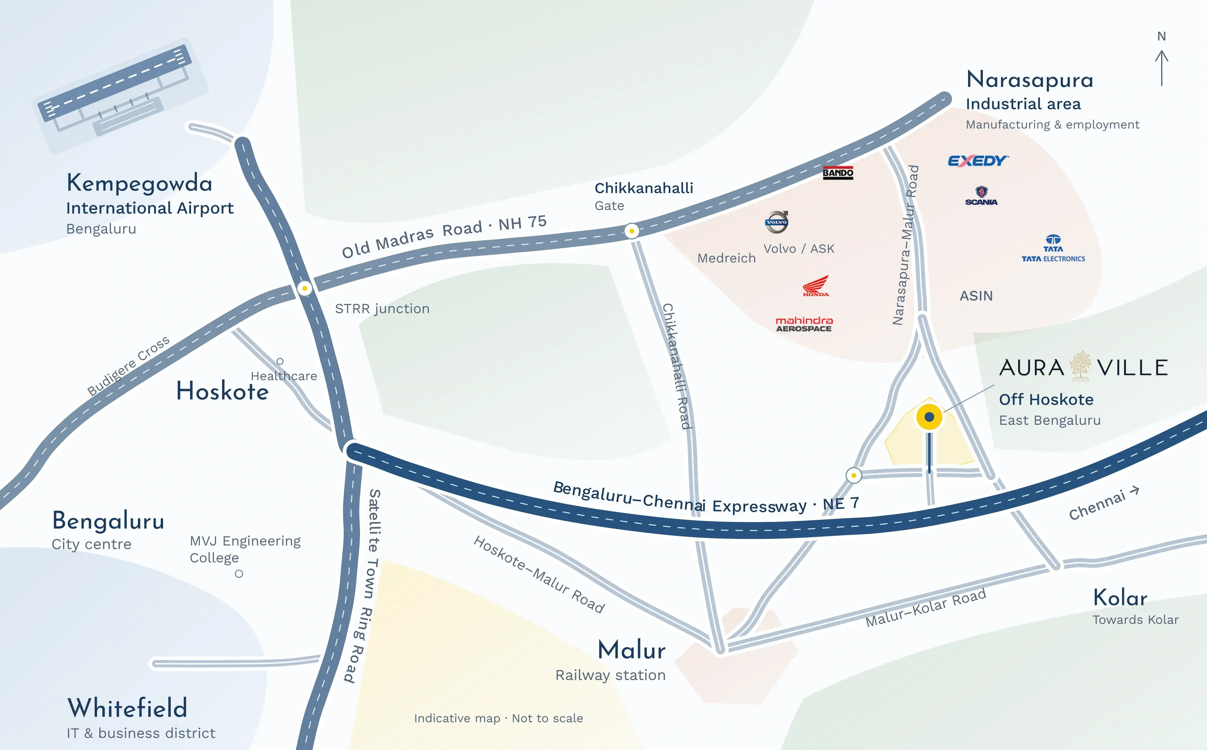 Location map of Mangalamm Auraville showing STRR, Old Madras Road, the Bengaluru–Chennai Expressway, Malur and Narsapura Industrial Area