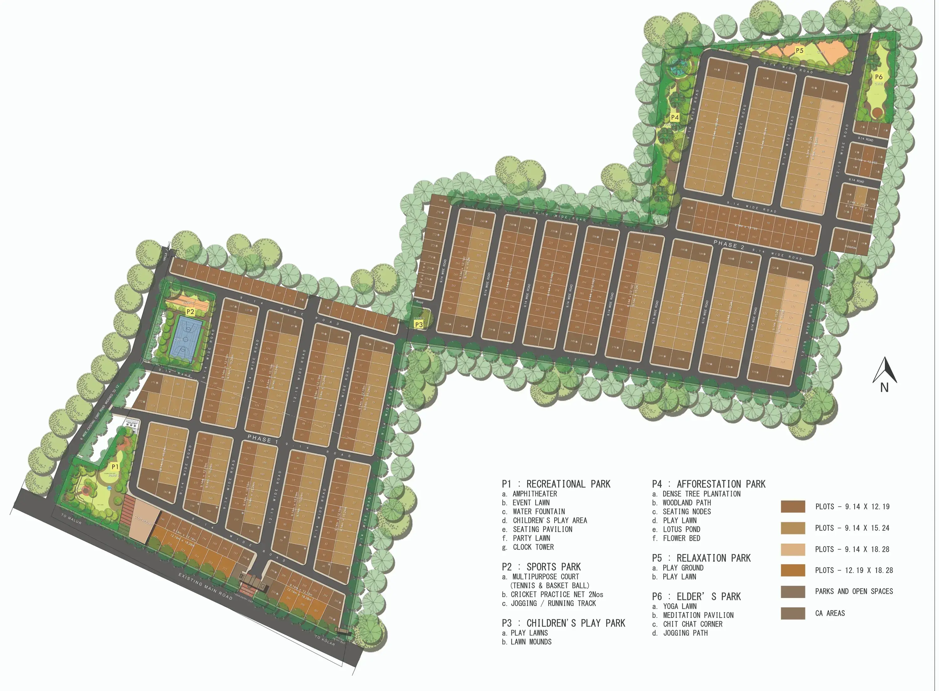 Master plan render of Mangalam Aura Ville showing Phase 1 and Phase 2 villa plots, internal roads and landscaped parks